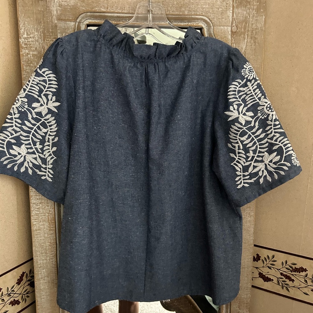 Navy Embroidered Ruffle V-Neck Top - Picture 4 of 4